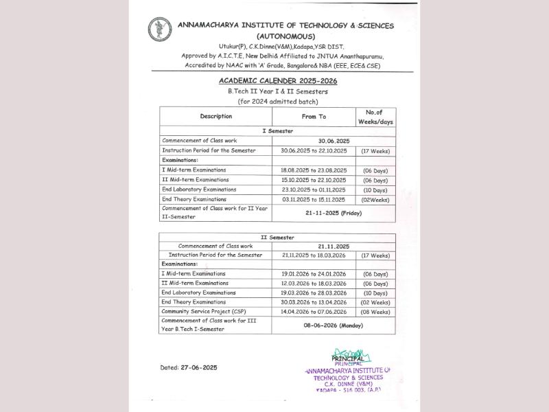 B.Tech II Year Academic Calendar 2025-2026